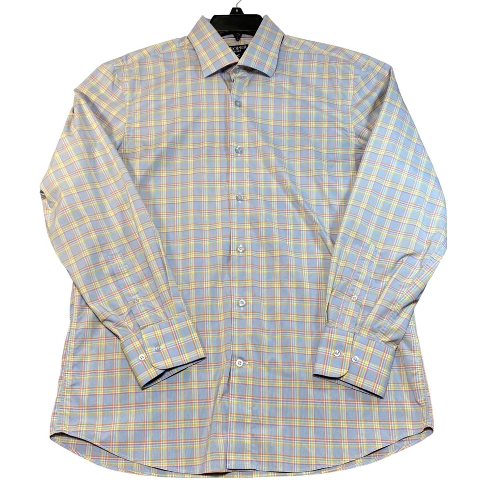 Proper Sport Mens‎ Plaid Button Down Shirt Blue Contemporary Fit Stretch Large